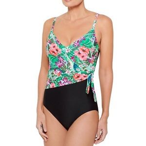 Christina Blue Turquoise Black Floral-Print Crisscross One-Piece Swimsuit16 NWT*